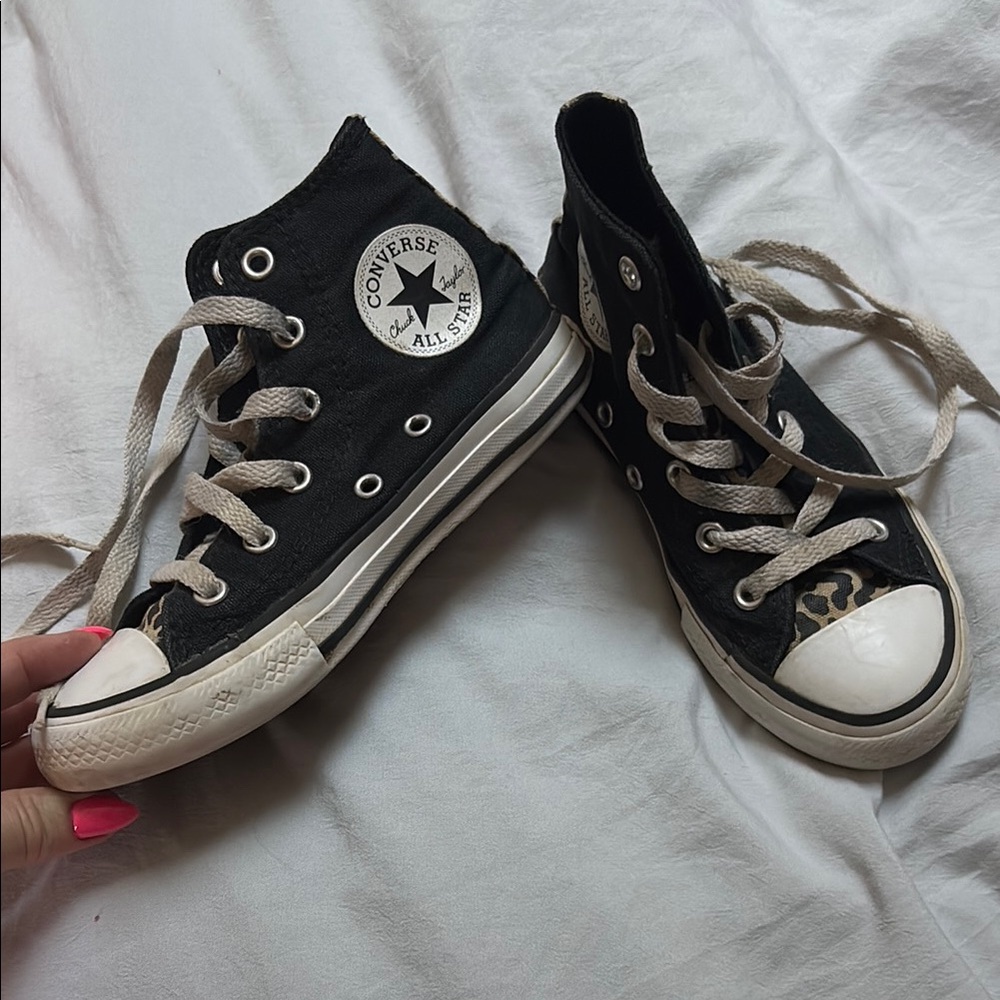Converse Black and White High-Tops with leopard back